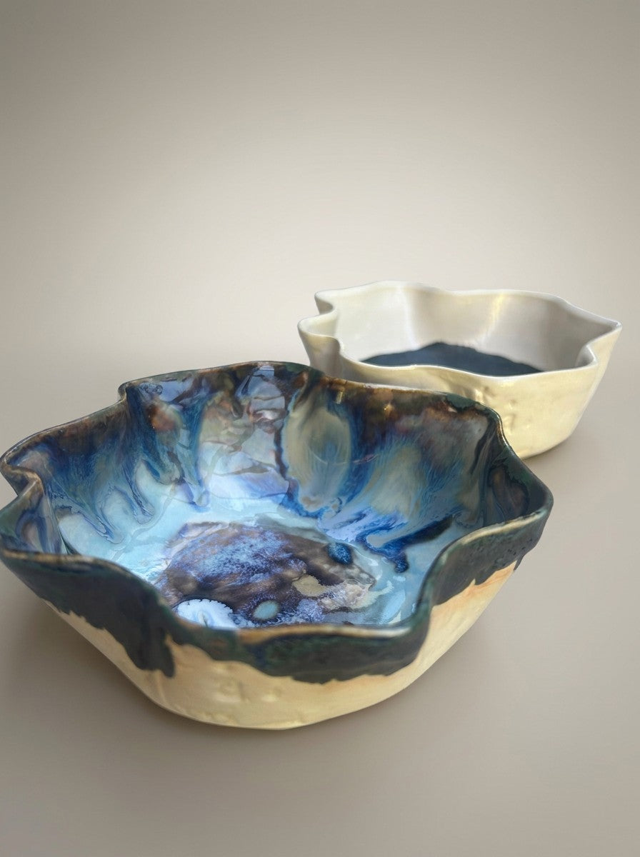 Pair of Wavy-Rimmed Stoneware Bowls