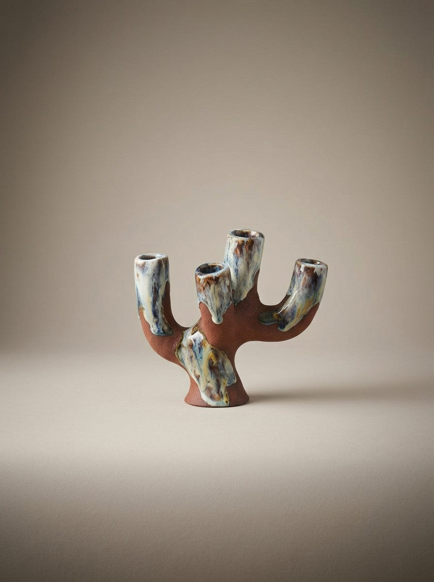Candelabro de cerâmica de quatro braços em grés terracota com vidrados azuis e verdes