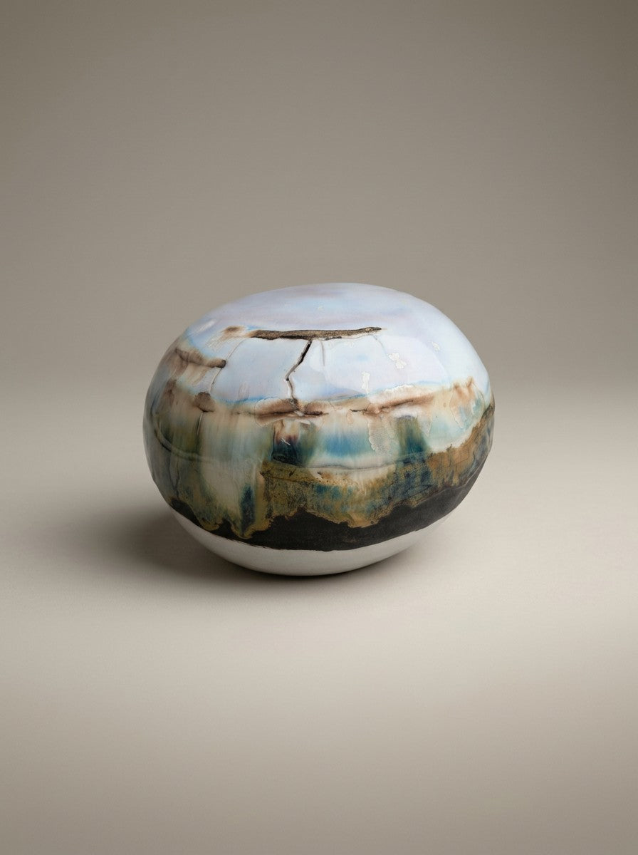 Esfera decorativa de porcelana com vidrado verde e azul e fissuras naturais