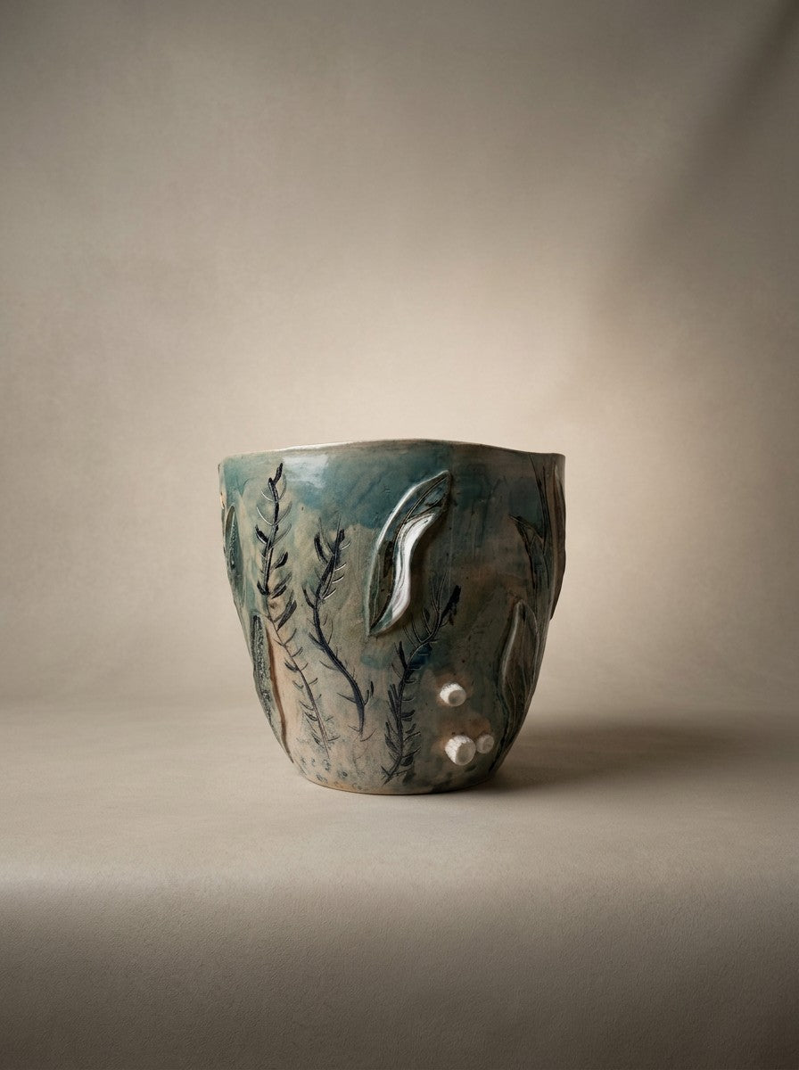 Pair of Green and Blue Vases with Marine Elements