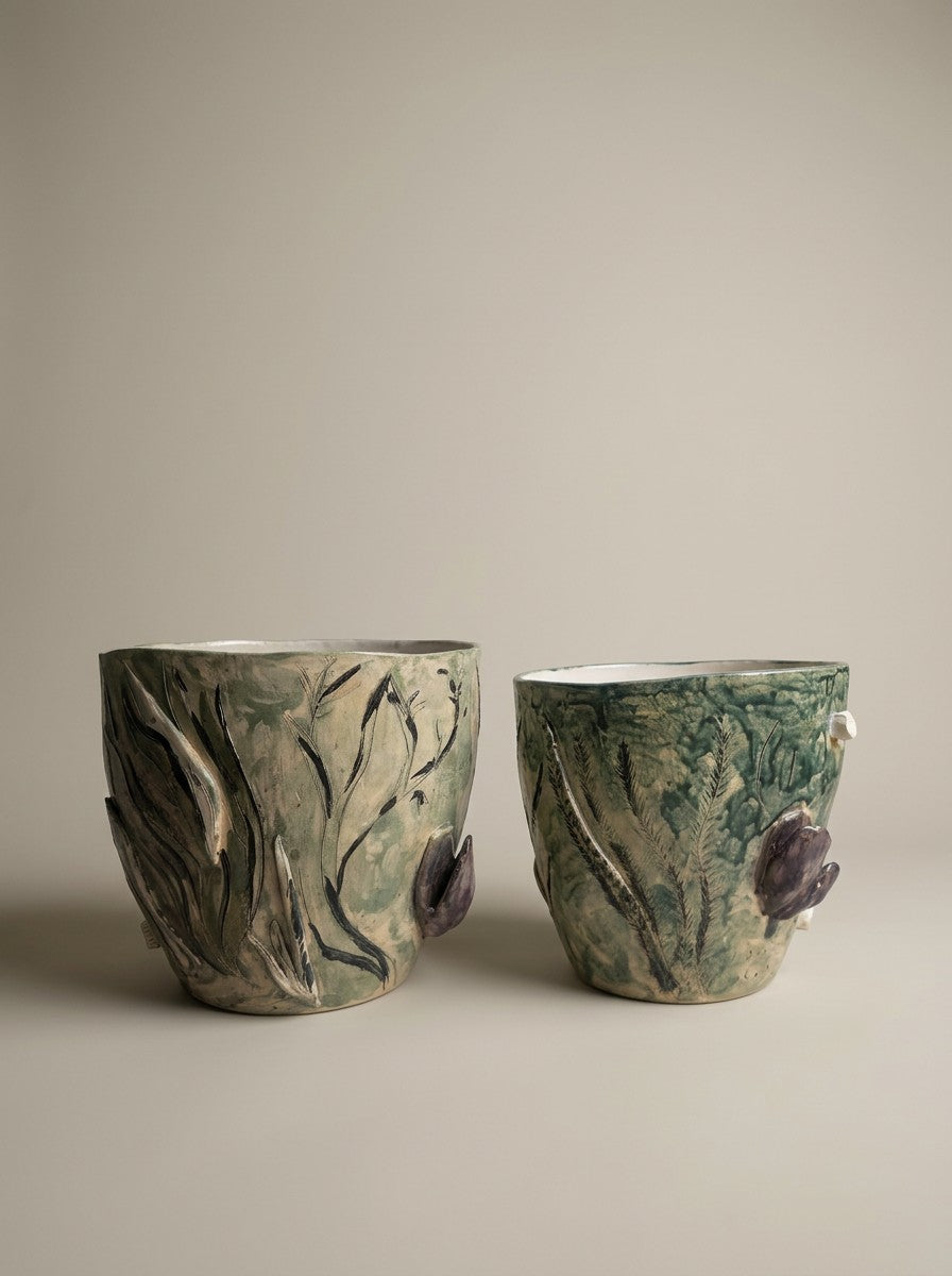 Par de Vasos Verde e Azul com Elementos Marinhos