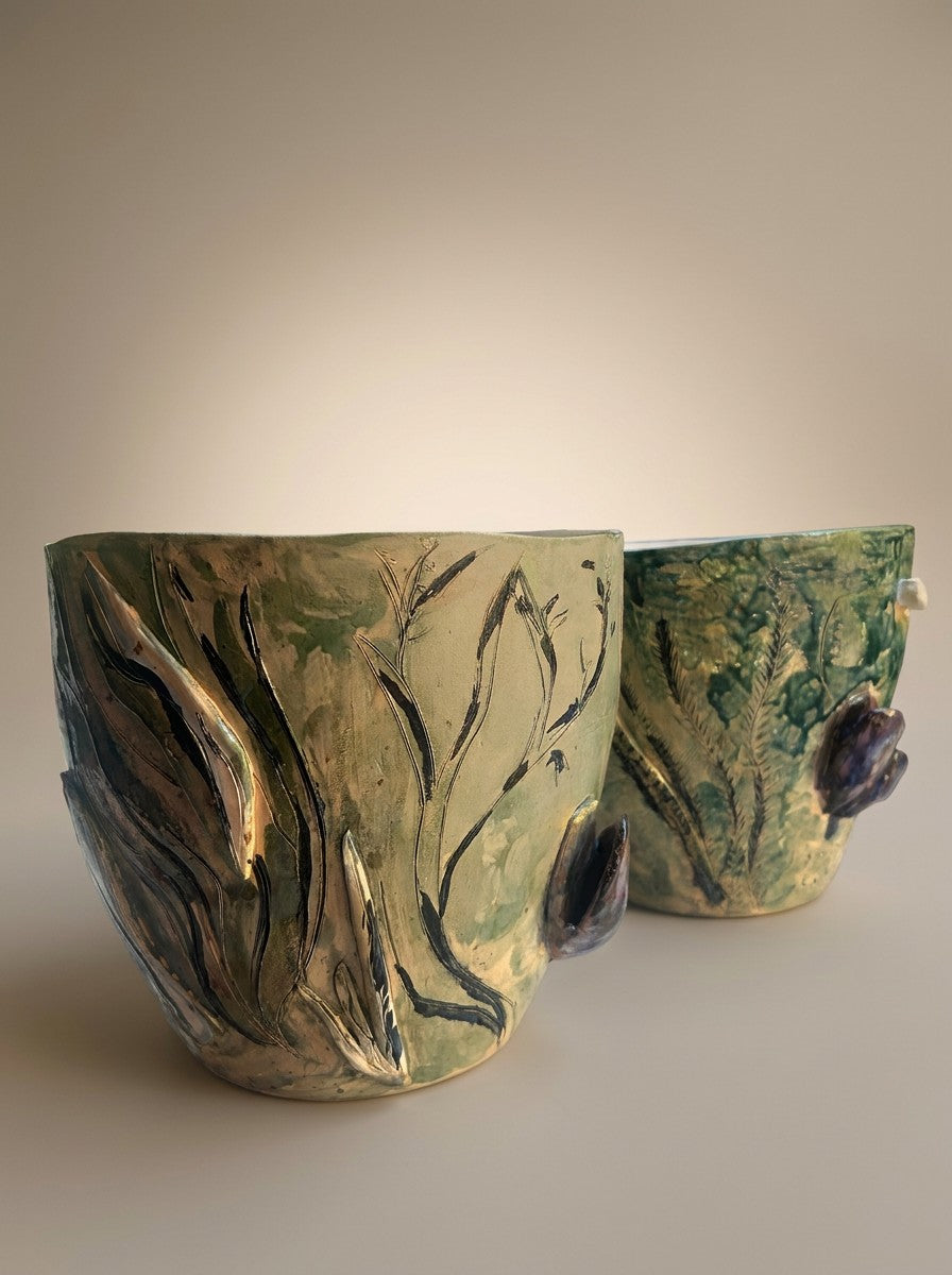 Par de Vasos Verde e Azul com Elementos Marinhos